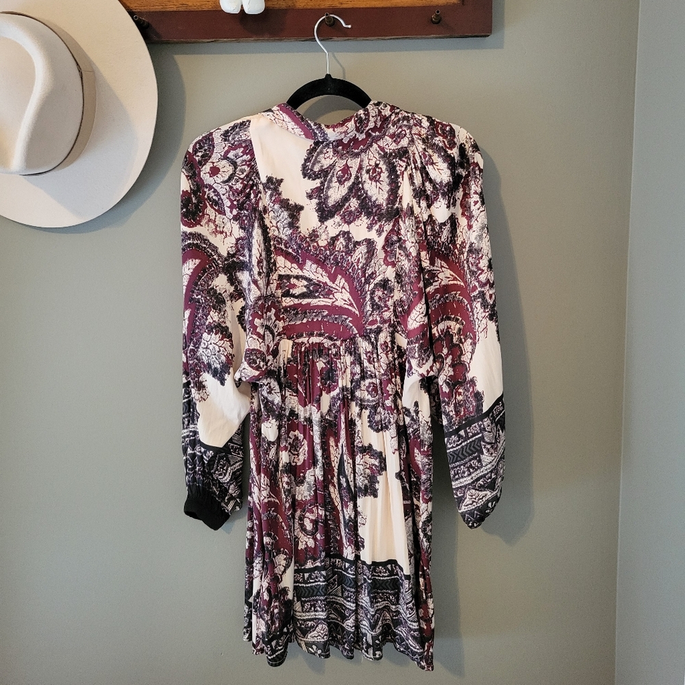 Free People Say You Love Me Boho Paisley Mini Dress Long Sleeve V-Neck Babydoll - Picture 4 of 11